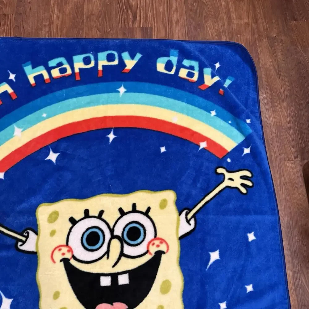 Vintage 90s/00s RARE Oh Happy Day Rainbow SpongeBob Fleece Graphic Blanket 60x50